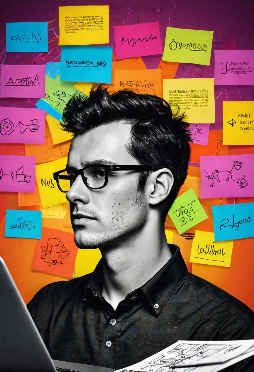 A striking visual representation of vibrant graphs and charts emerging from a person's head, symbolizing the transformation of abstract thoughts into concrete graphics. The background features a digital workspace with a laptop displaying a colorful analytics dashboard. Various colorful post-it notes and sketches float around, symbolizing creativity and journaling. The atmosphere is bright and inspiring, capturing the essence of online expression and analysis. super-realistic. vibrant colors. digital art.