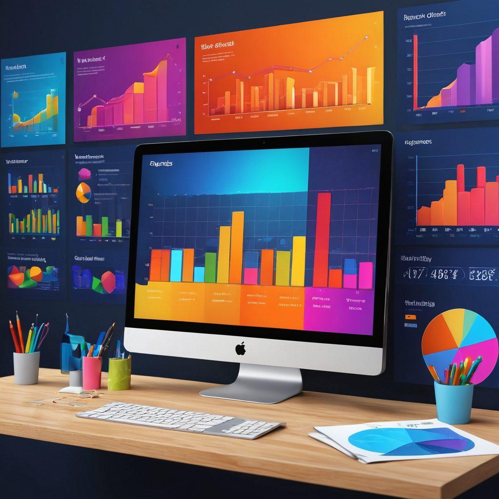 A dynamic collage of interactive chart types including bar graphs, line charts, and pie charts, showcasing vibrant colors and engaging design. Include elements like a computer screen displaying a data dashboard and a hand tapping on a touchscreen, symbolizing interaction. The background should be a modern office environment that inspires creativity and productivity. super-realistic. vibrant colors. 3D.