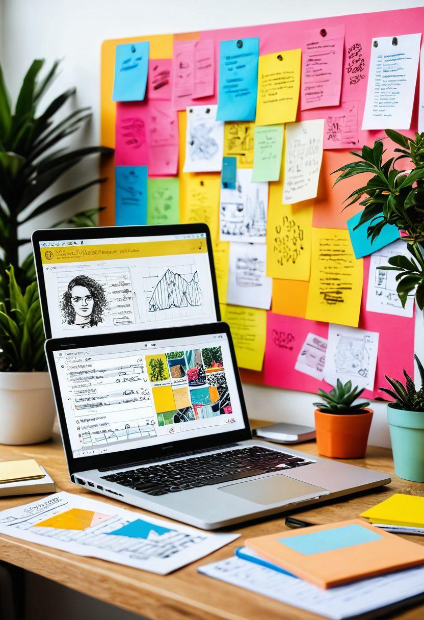 A creative workspace with a laptop open to a vibrant blogging platform, surrounded by colorful sticky notes and sketches bursting with ideas. Include visual data graphics like charts and infographics emerging from the screen, symbolizing the transformation of thoughts into engaging content. A cozy atmosphere with plants and books in the background to inspire creativity. super-realistic. vibrant colors.